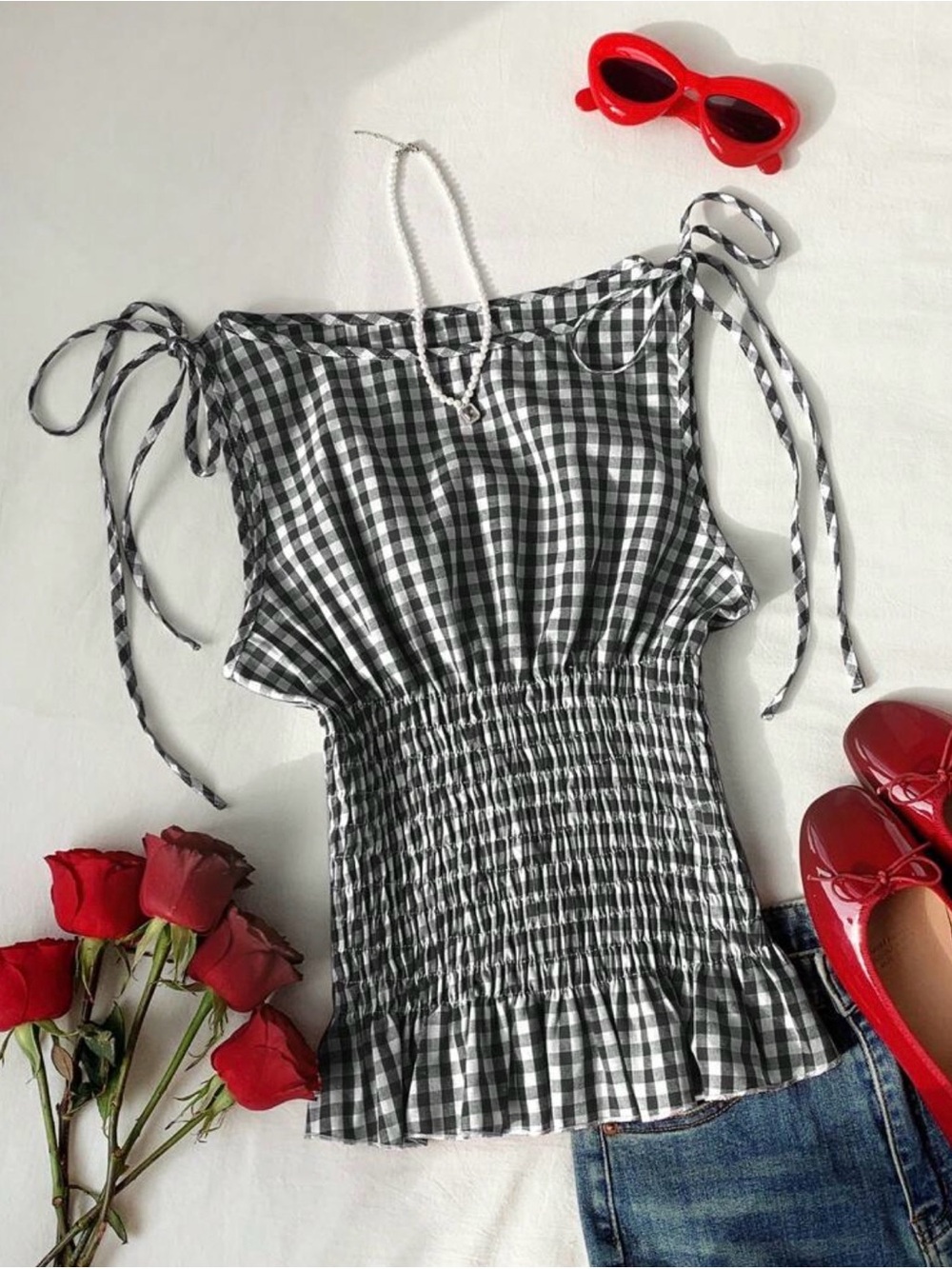 Source Unknown Black and White Gingham Tie-Shoulder Smocked Top